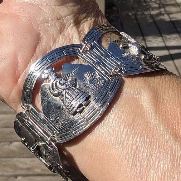 Estate Vintage Peruvian Lama Sterling Silver Five Panel Cuff Bracelet - Picture 4 of 10